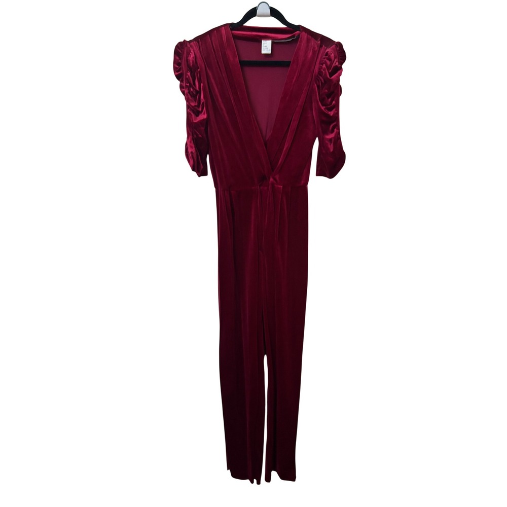 Vintage Red Velvet Jumpsuit Ruched Puff Sleeve V-Neck Disco Made in USA 7